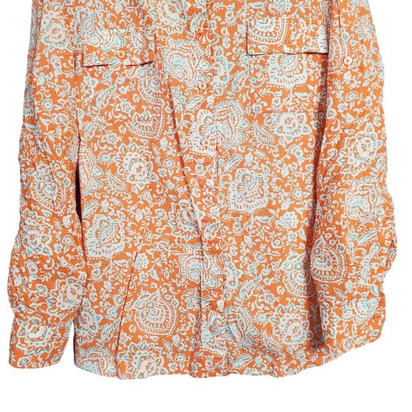 JNY Signature Sz XL Blouse Button Front Floral Roll Tab Cotton Side Vents Orange - Picture 4 of 14
